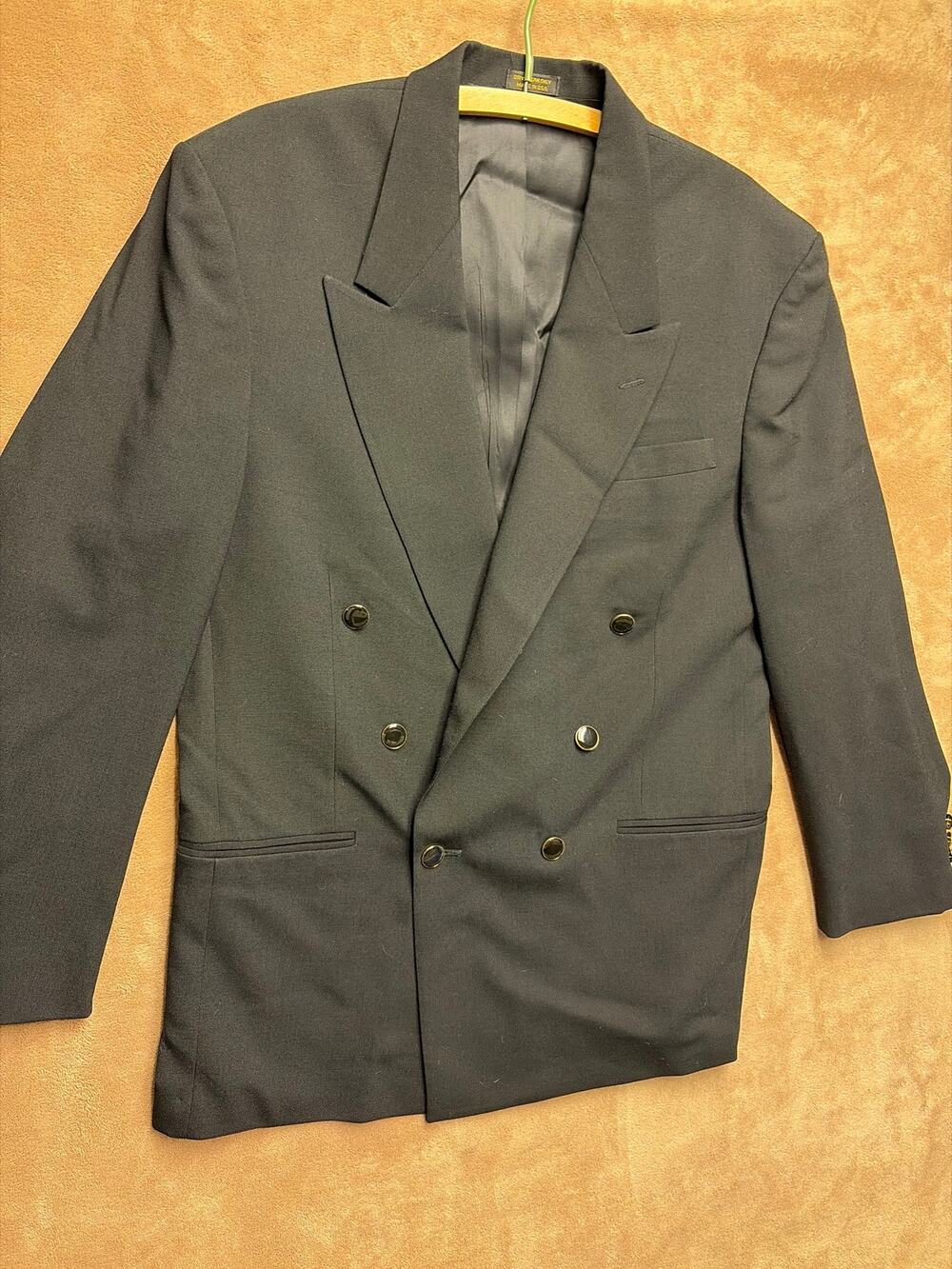 Vintage Bachrach 40R Black Wool Double Beasted Blazer Sport Coat Peak Lapel